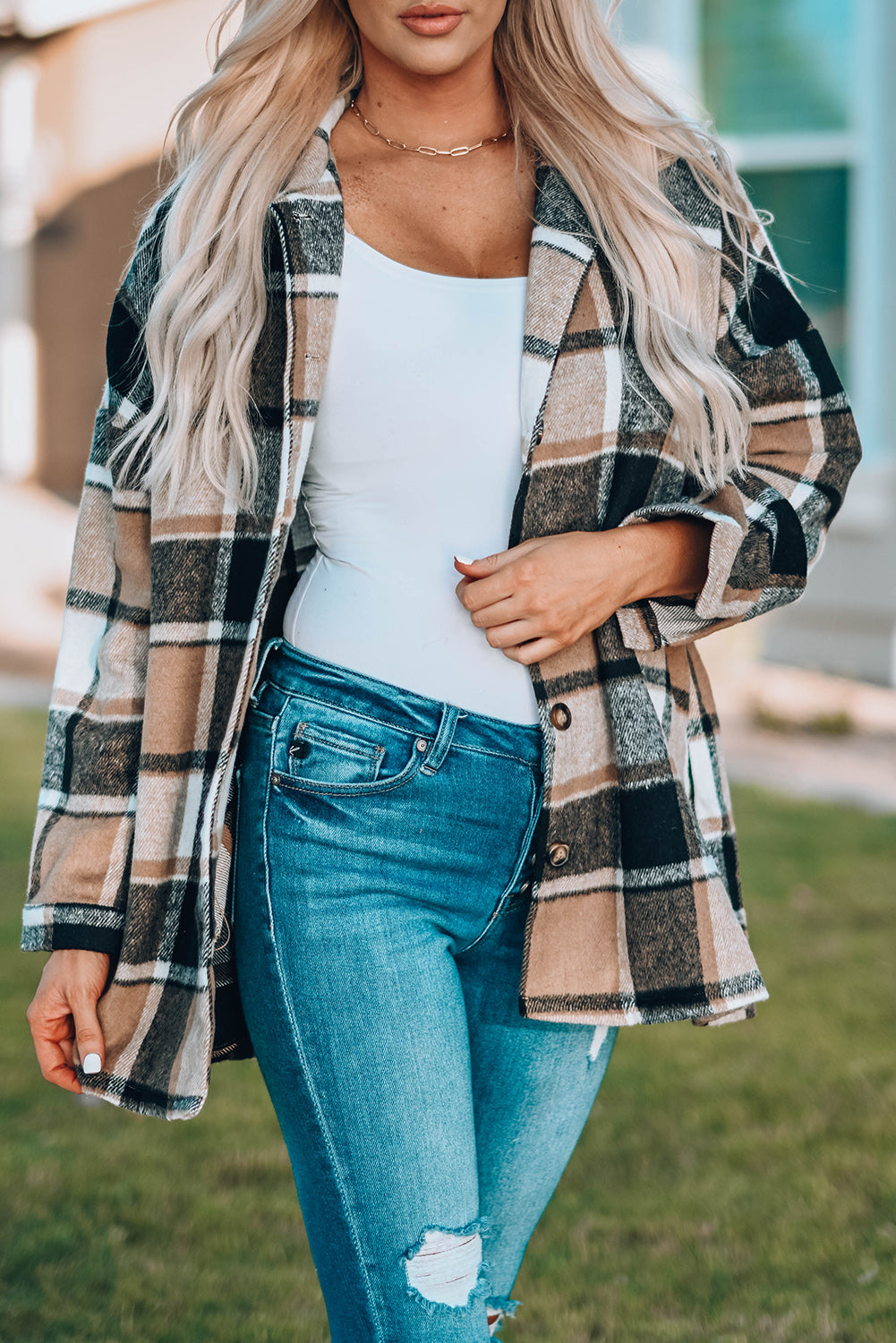 Chaqueta de camisa abotonada con estampado a cuadros