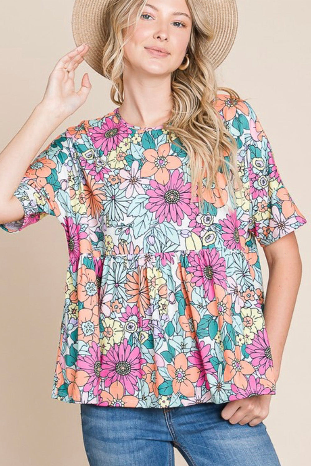 Multicolor Bohemian Flower Print Flowy Short Sleeve Top