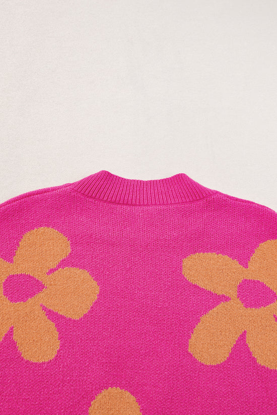 Long sleeve, high neck sweater with large pink flower pattern