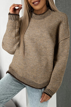 Pale khaki sweater with dropped shoulders and high neck with contrasting trim