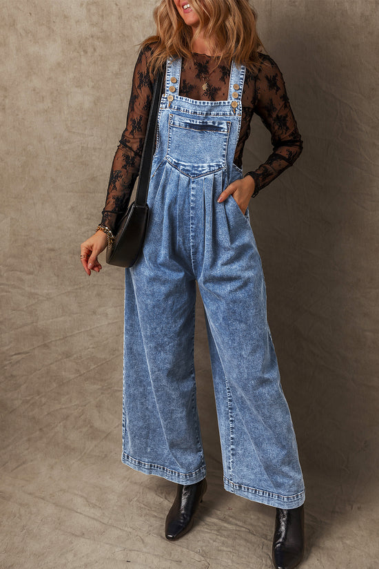 Light Blue Wide Leg Denim Overalls with Buttoned Straps