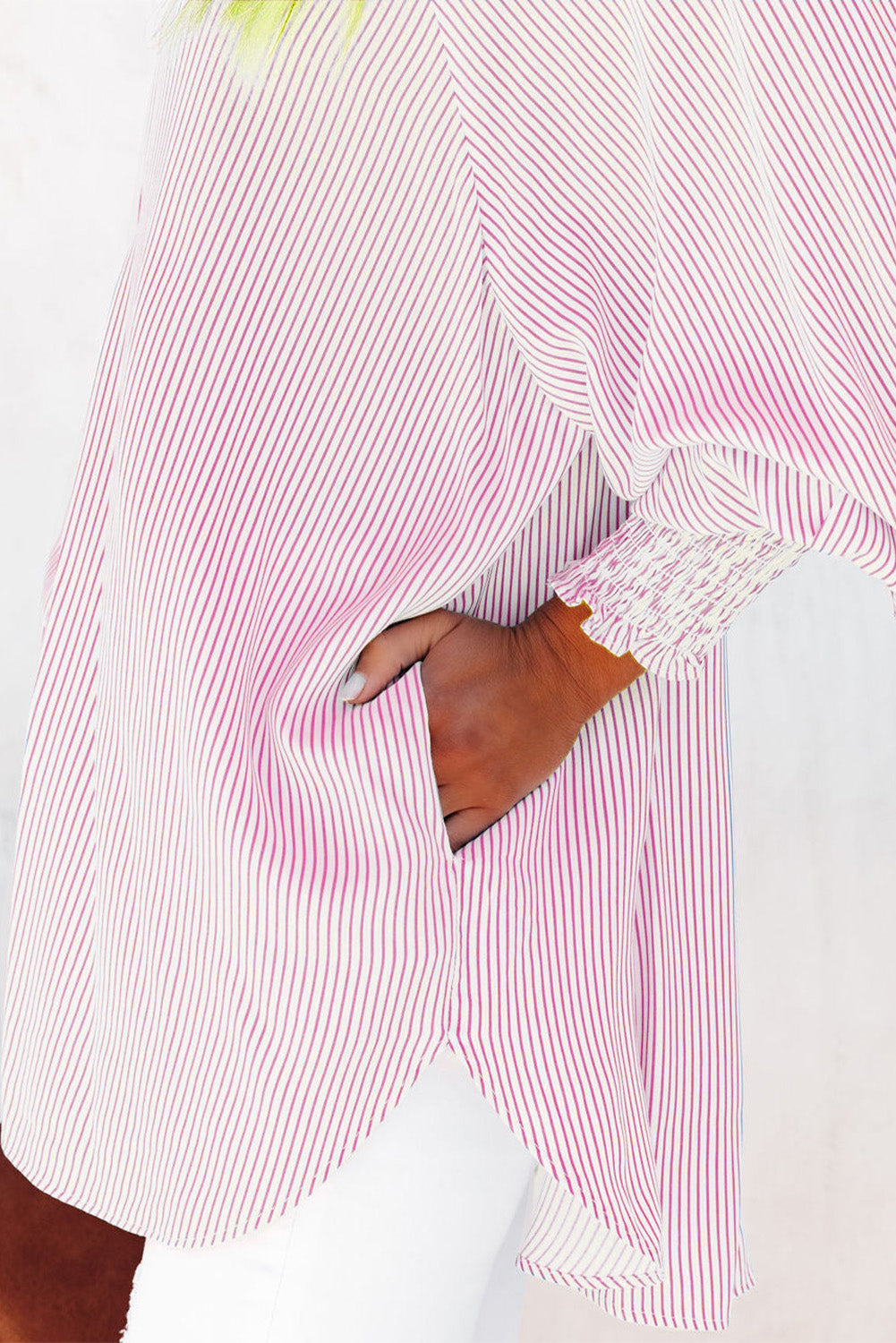 Pink Smocked Cuffed Striped Boyfriend Shirt with Pocket