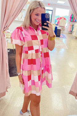 Pink Plaid Print Puff Sleeve Buttoned Ruffle Dress