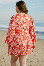 Mid-length orange dress with floral print, large size *