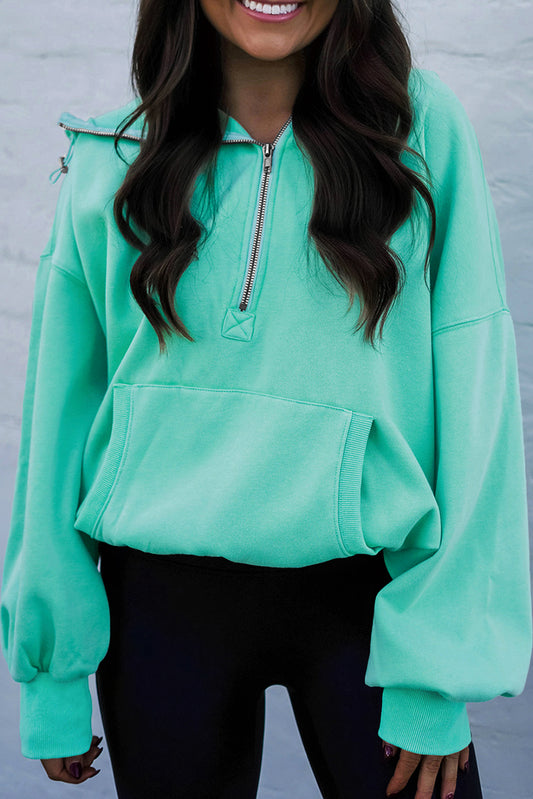 Mint Green Half Zip Kangaroo Pocket Drop House House Hoodie