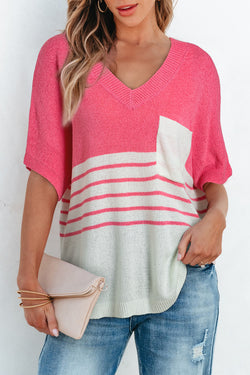 Strawberry Pink Contrast Striped Short Sleeve V-Neck Knitted Top