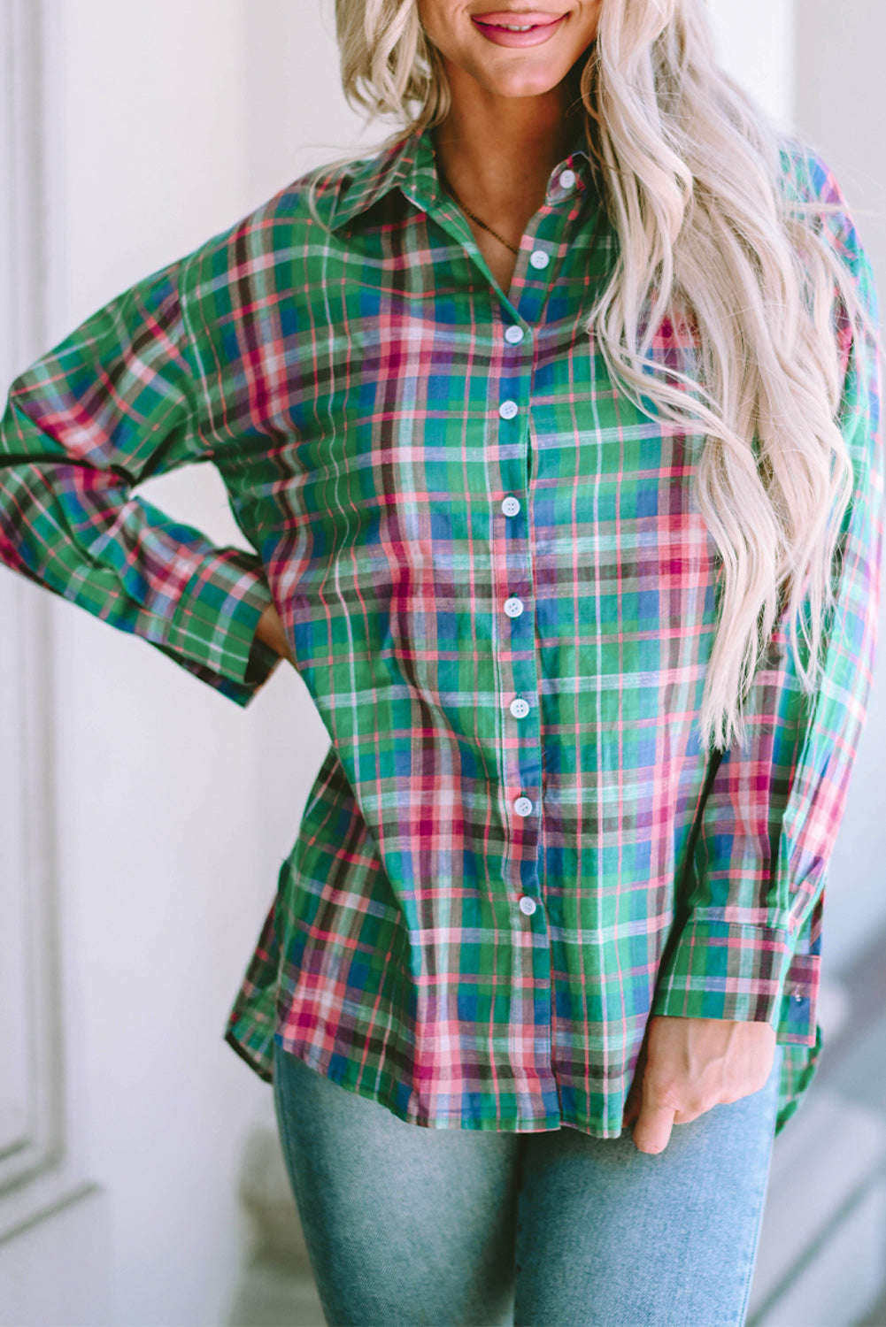 Chemise divisée à manches longues à plaid vert