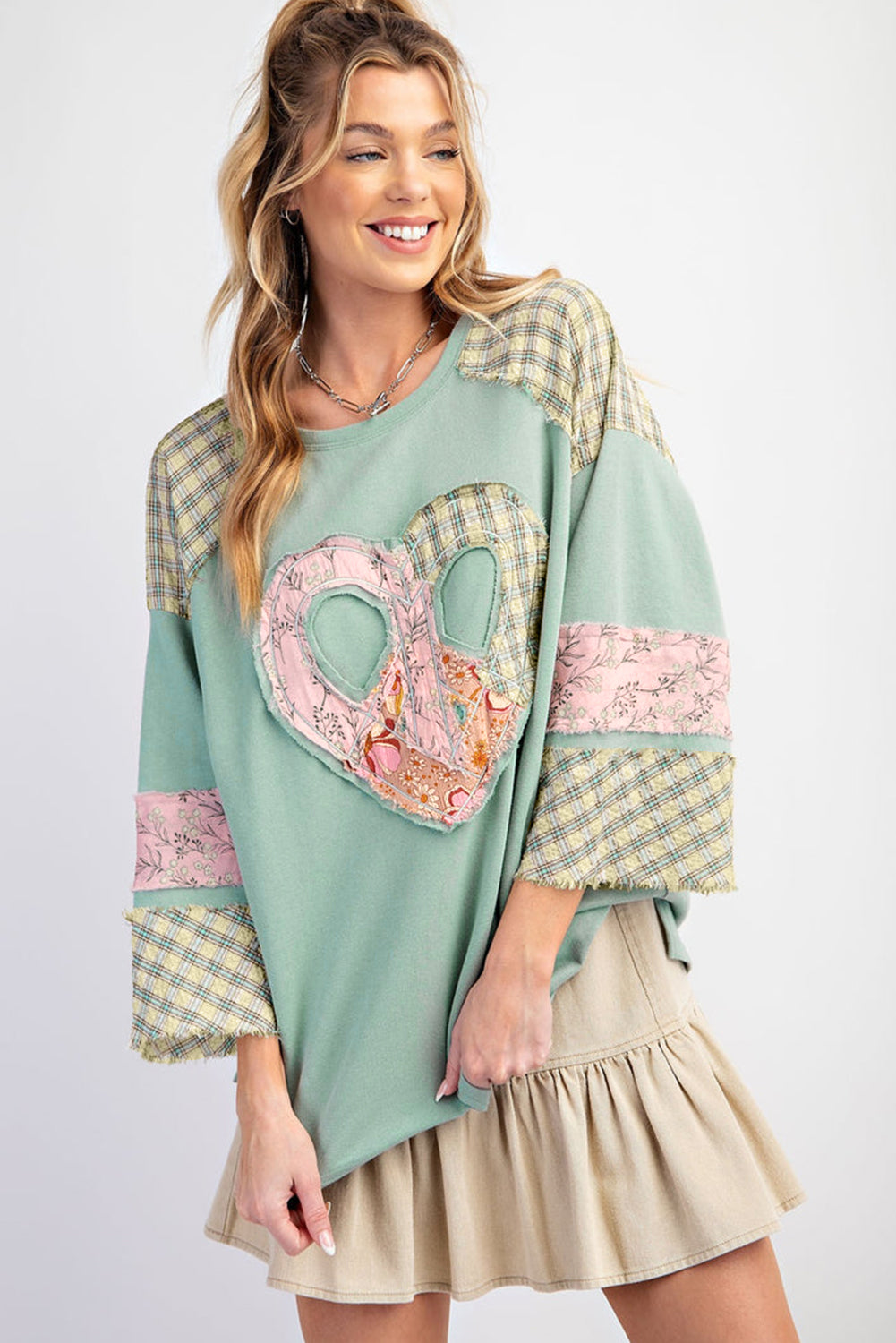 Chiaramente Aqua Plaid Floral Peace Heart Graphic Wide Long Sleeve Top