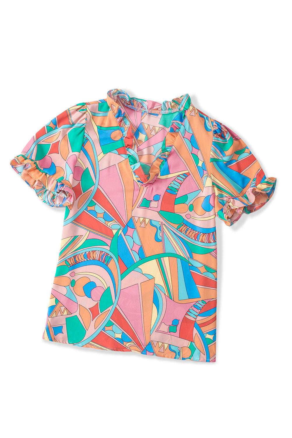 Multicolor Abstract Geometry Print Frilled V Neck Blouse