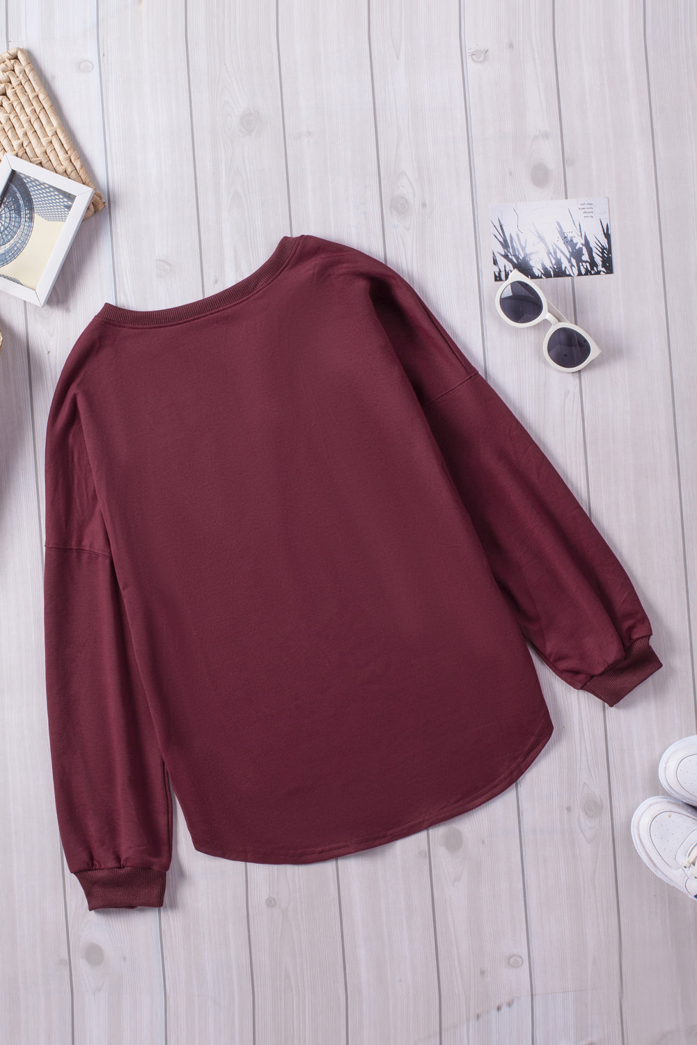 Wine Buttoned V Neck Cotton Loose Fit Top