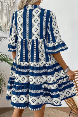 Blue geometric print v-neck ruffle dress