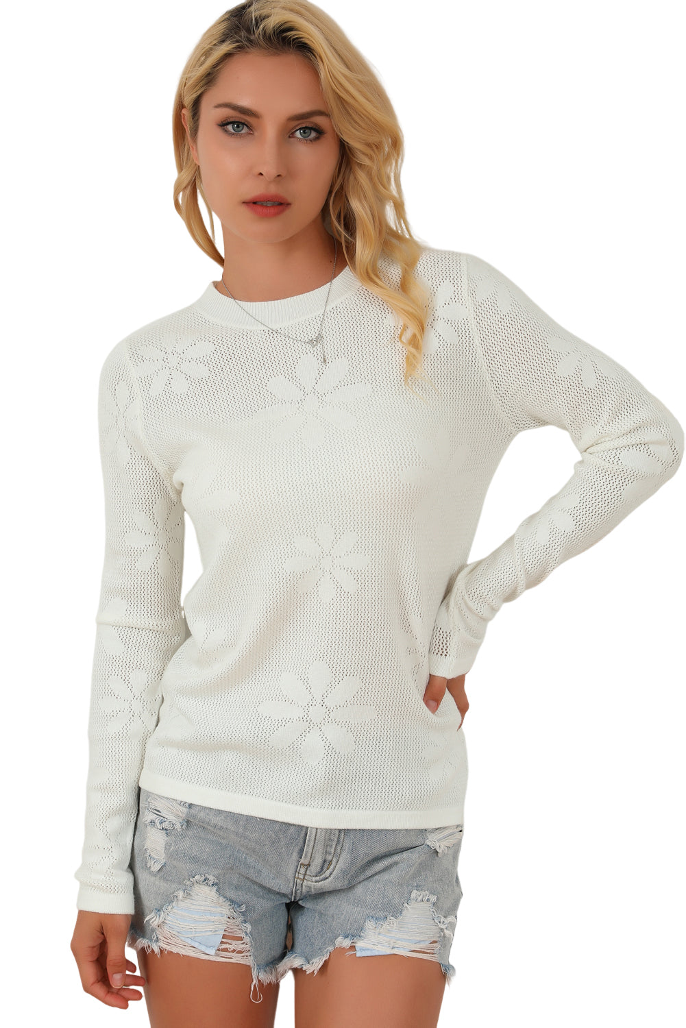 Weißer Blumenstrick -Langarmpullover