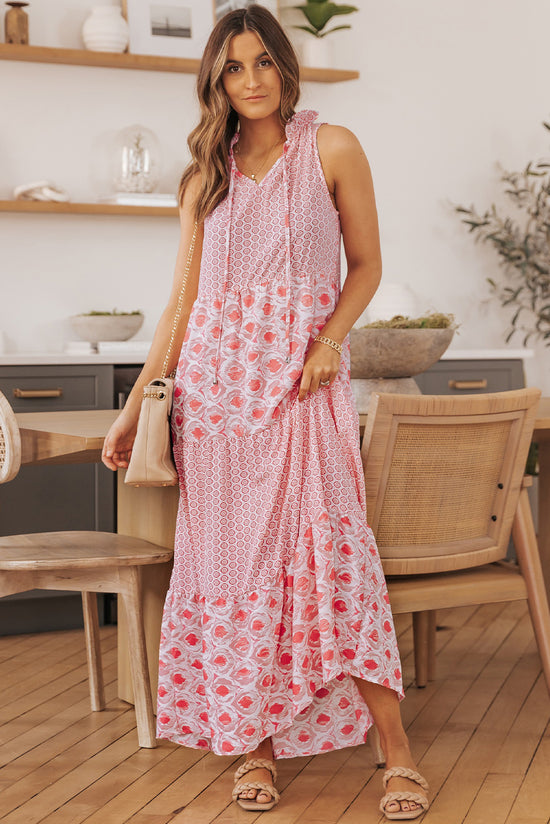 Long dress without sleeve with split and abstract pink print