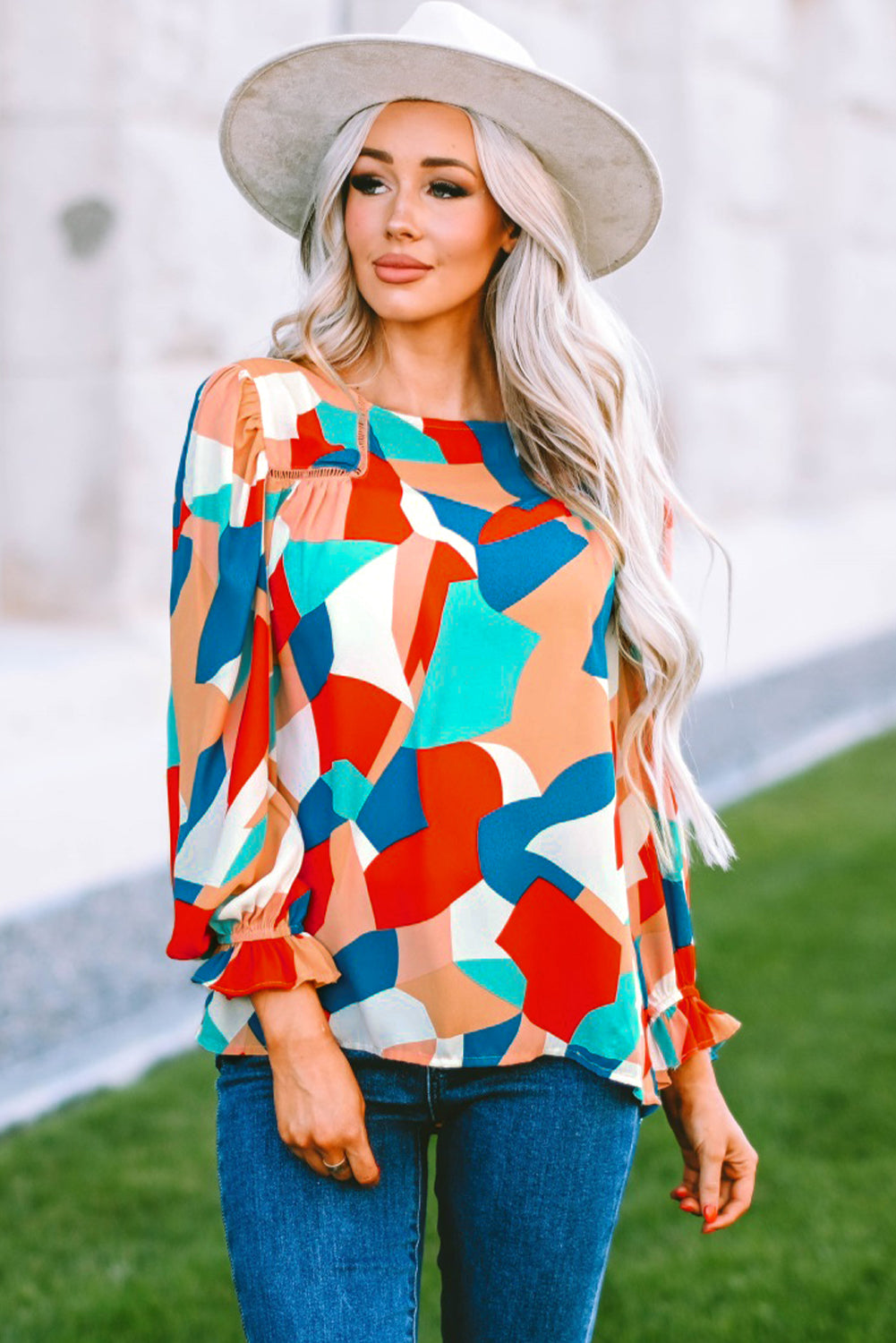 Multicolore Abstract Pattern Crewnack Clewle Sholeve Blouse