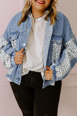 Beau Blue - Plus Size Denim Jacket with Flap Detail and Leopard Patchwork