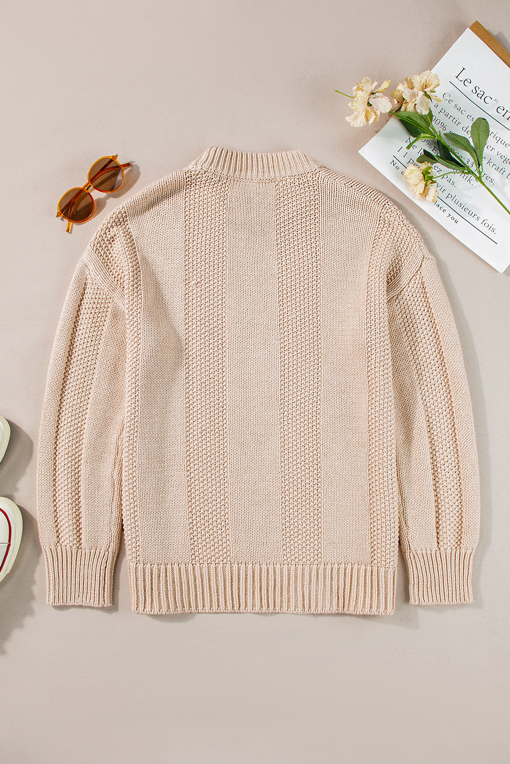 Solid Color Pale Khaki Cable Knit Ribbed Loose Sweater