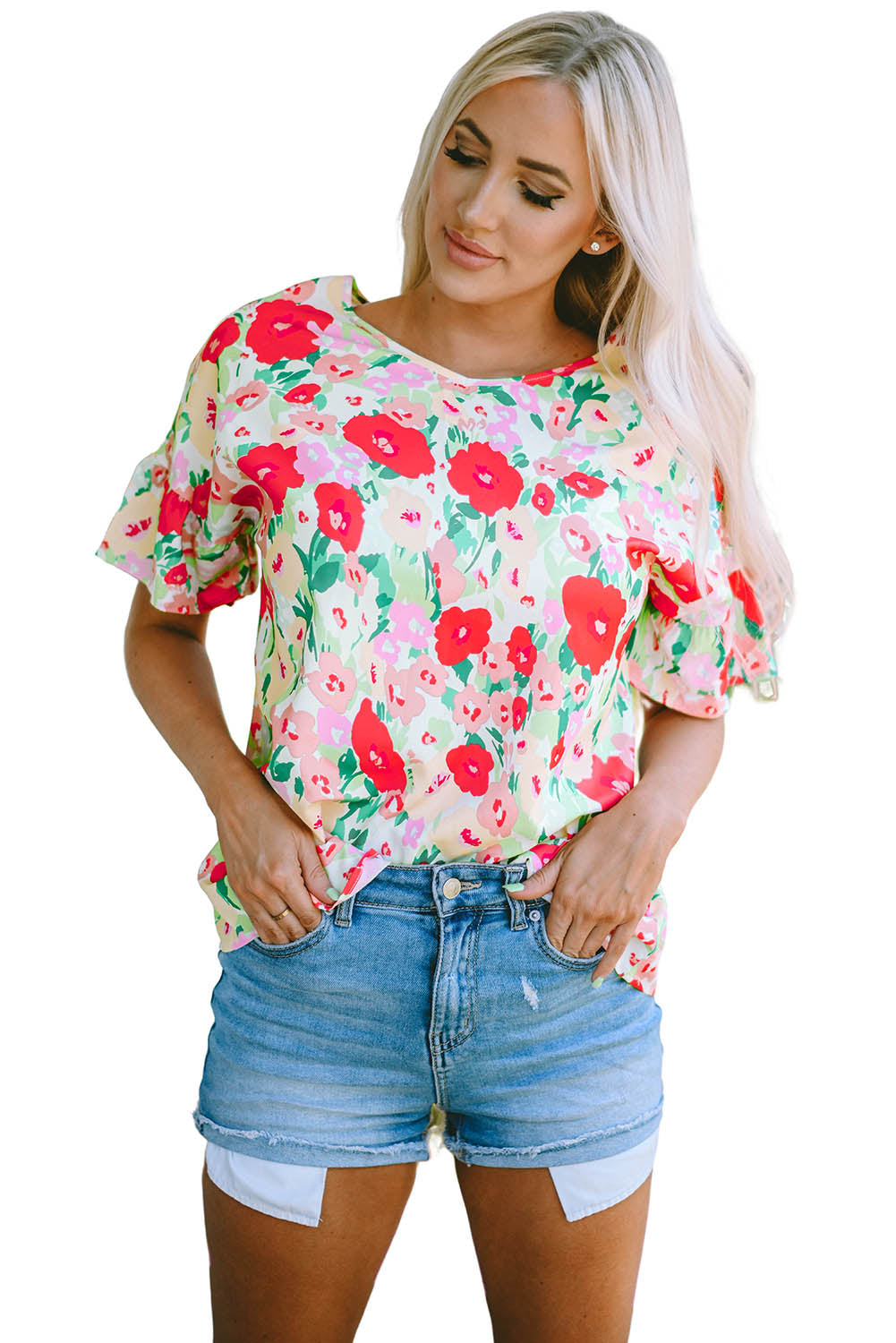 Fiery Red Floral Print Ruffled Short Sleeve V Neck Blouse