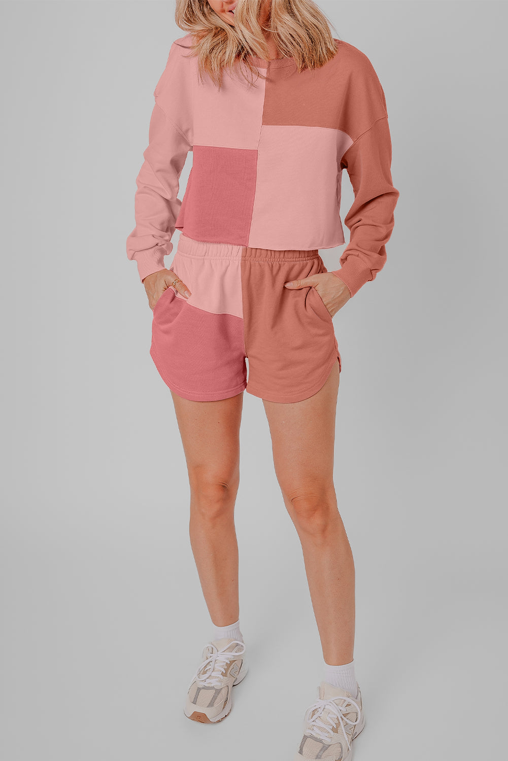 Peach Blossom Color Block Patchwork Long Sleeve Shorts Outfit