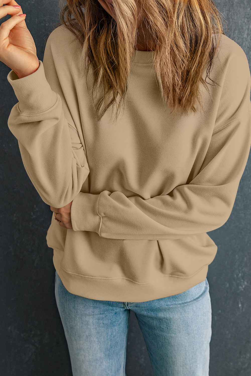 Sweat-shirt Khaki Solid Classic Crewneck Pullover