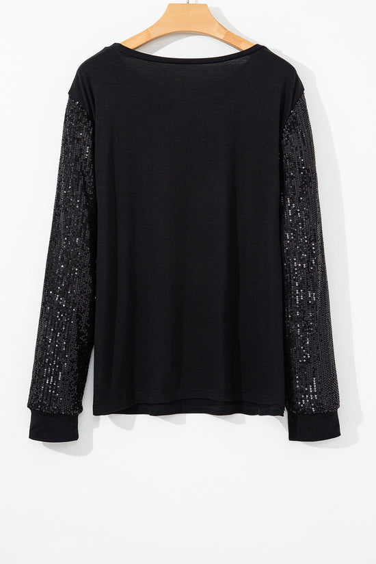 Black contrast long sleeve top with sequins, plus size