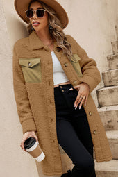 Teddy khaki coat with single buttoning and contrasting flap pocket