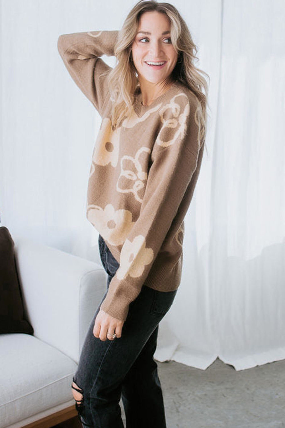 Camel - Floral Drop Shoulder Ribbed Trim Sweater