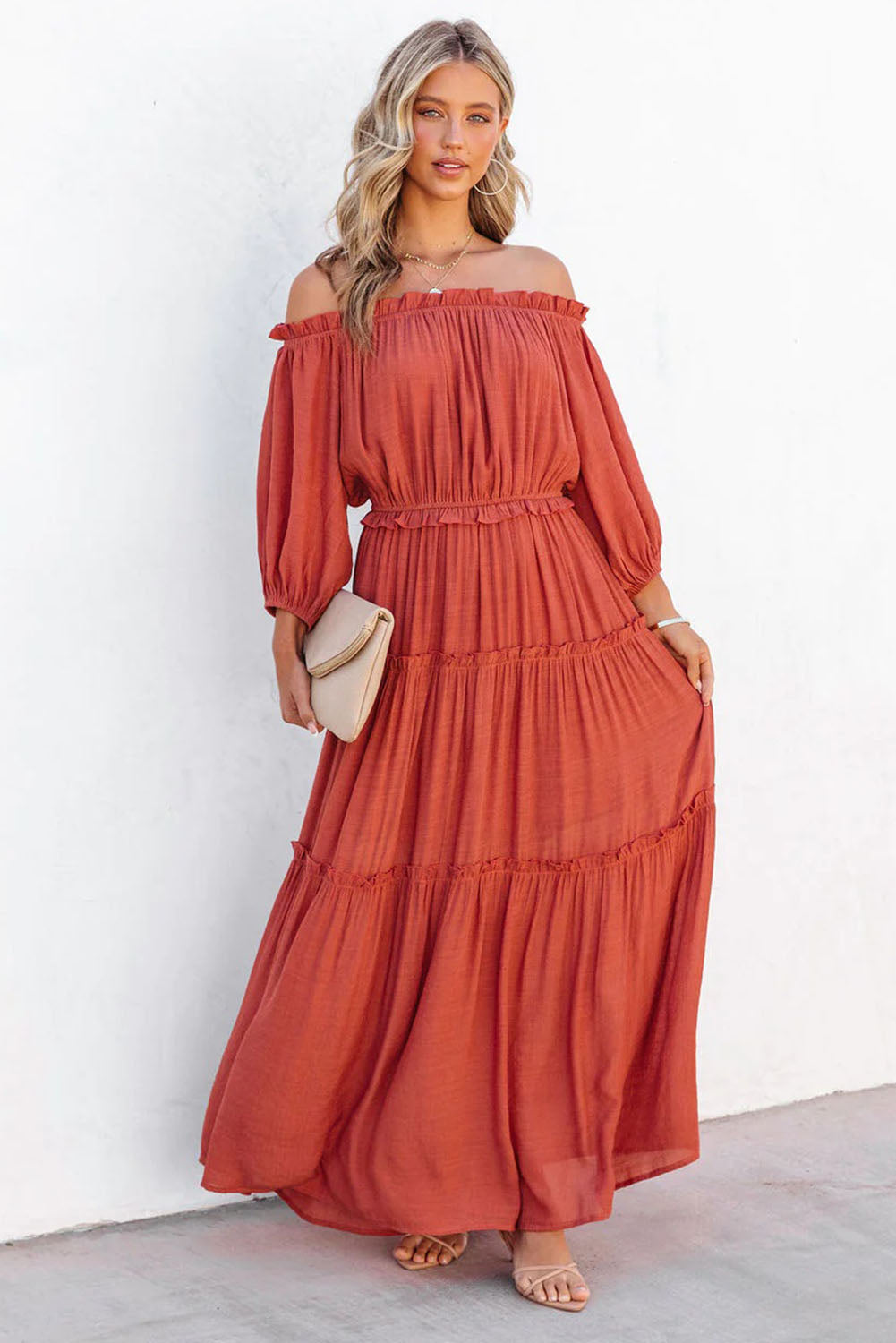 Orange Off Balloon Balloon Soueve Coupte Ruffled Maxi Robe