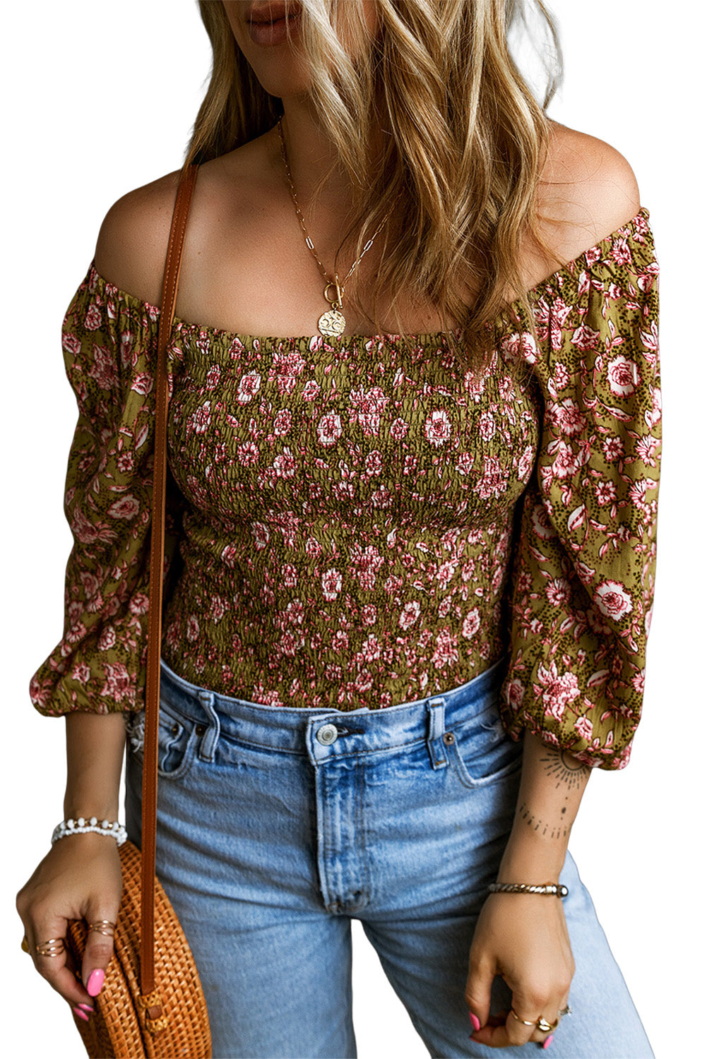 Green Floral Print Shirred 3/4 Sleeve Off Shoulder Blouse