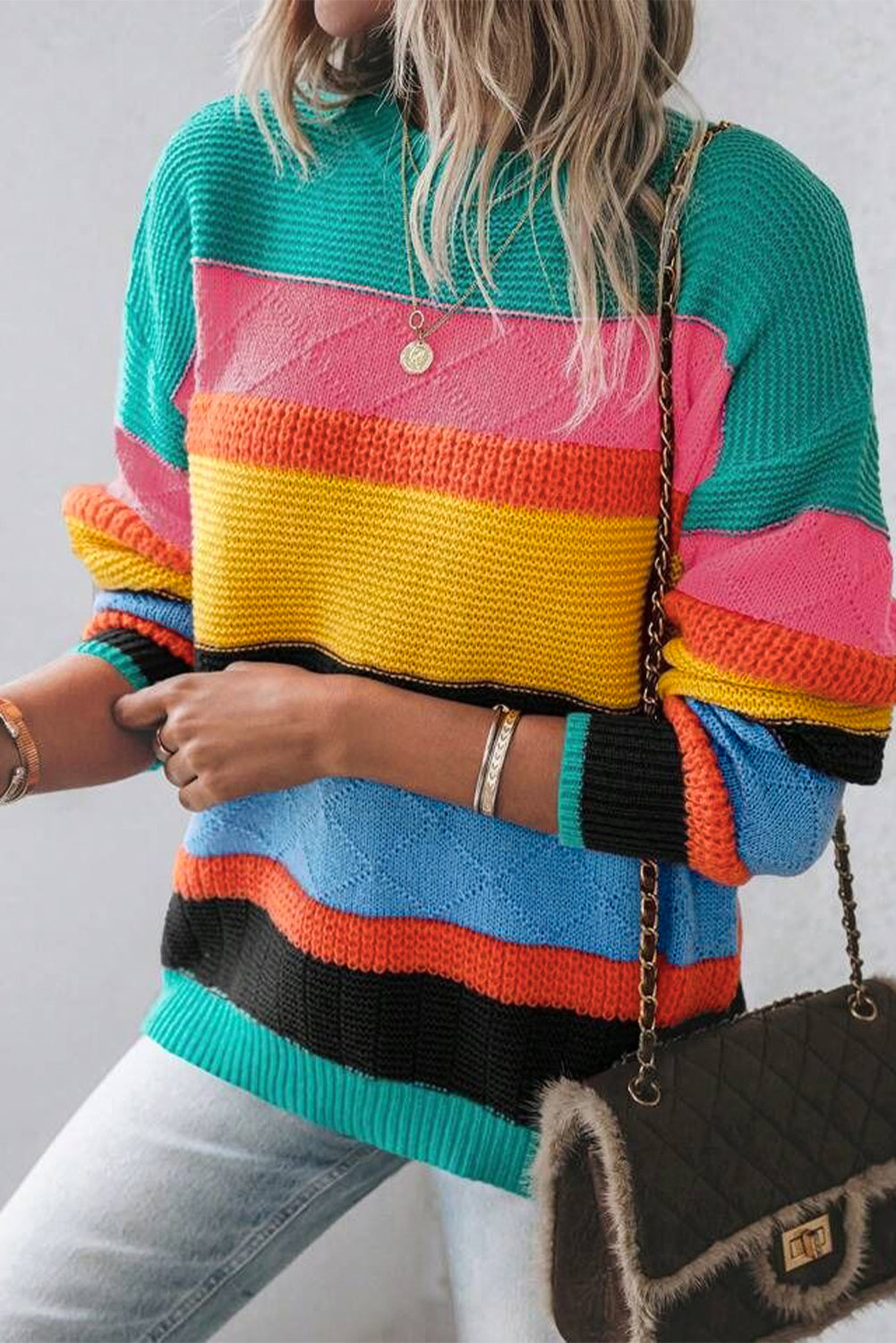 Yellow Colorblock Mixed Textured Drop Shoulder Sweater