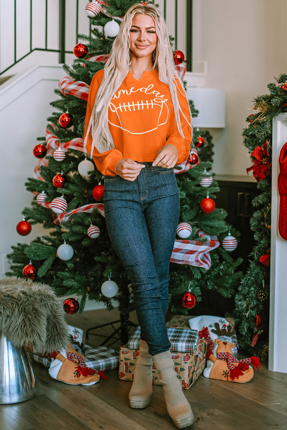 Sweat-shirt orange à col cranté avec inscription « Game Day » Rugby Football