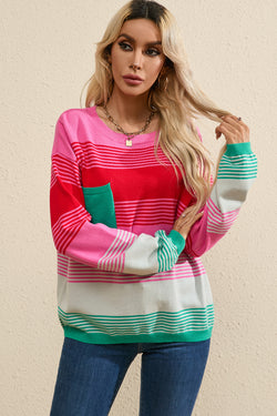 Pull shoulder sweater and knitted pink pocket pocket with pink stripes