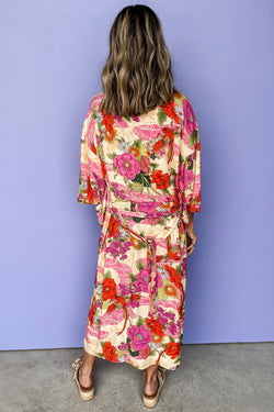 Pink floral print open front kimono with belt