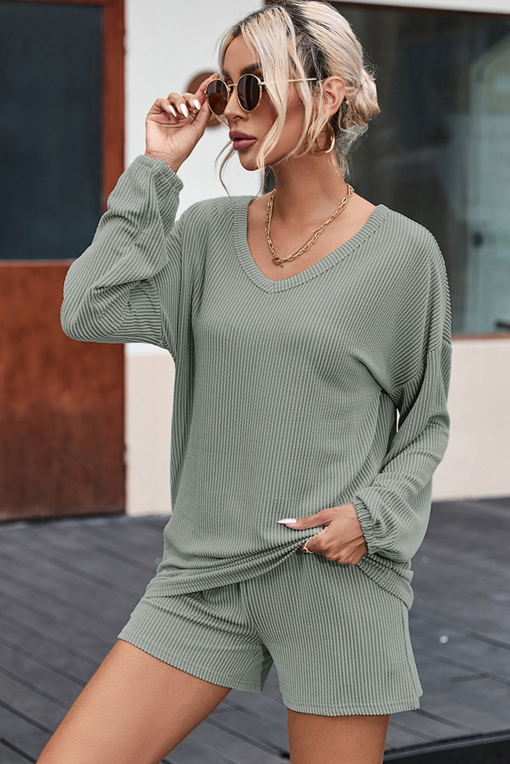 Grass Green V-Neck Drawstring Loose Top and Shorts Set