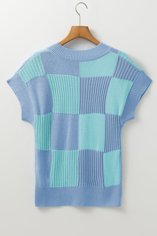 Short -sleeved and checkered neck sweater *