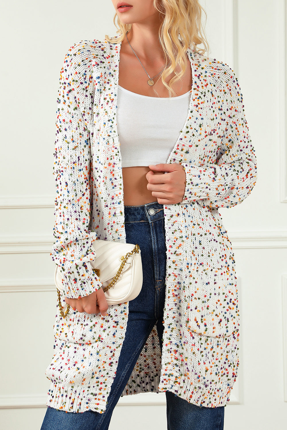 Cardigan ouvert sur le devant avec confettis pop-corn arc-en-ciel blanc