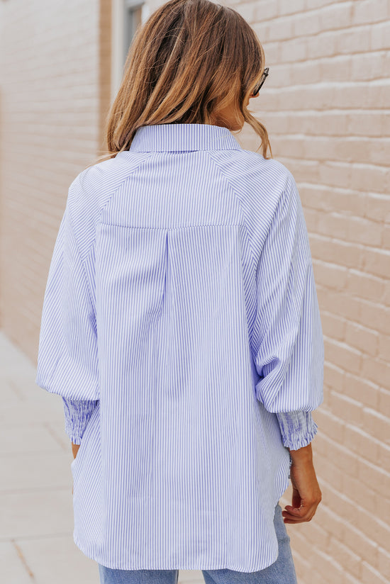 Striped Boyfriend shirt with Smocked Blue Sky Reverse with Pocket