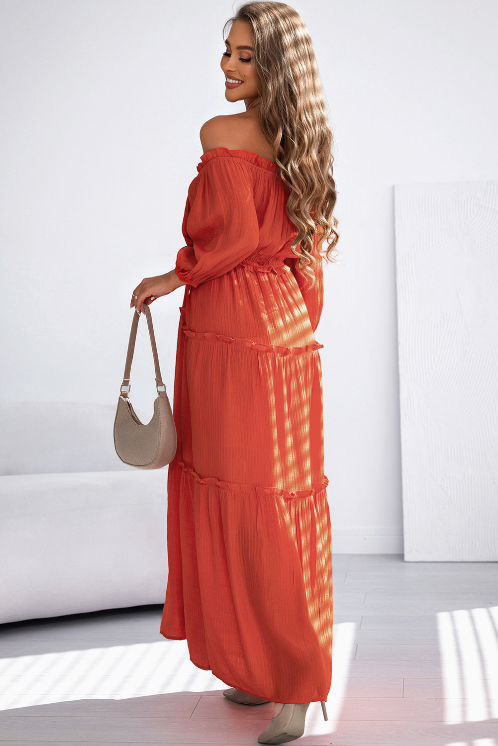 Orange Off Balloon Balloon Soueve Coupte Ruffled Maxi Robe