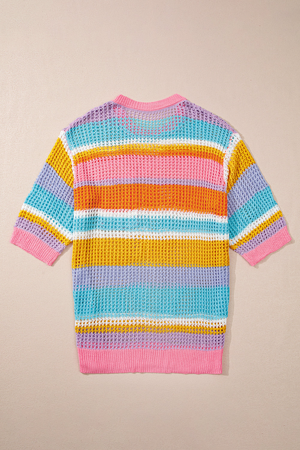 Plus Size Pink Striped Open Knit Short Sleeve Sweater with Patch Pocket