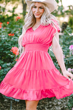 Strawberry pink dress with ruffles and gathered sleeves, V-neck, smocked waist