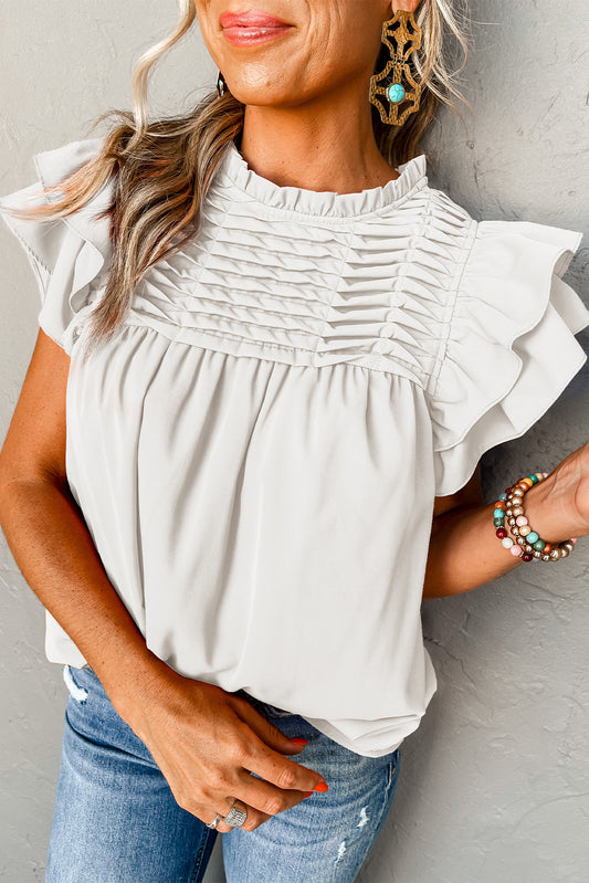 Blusa de manga de volante con rufa blanca