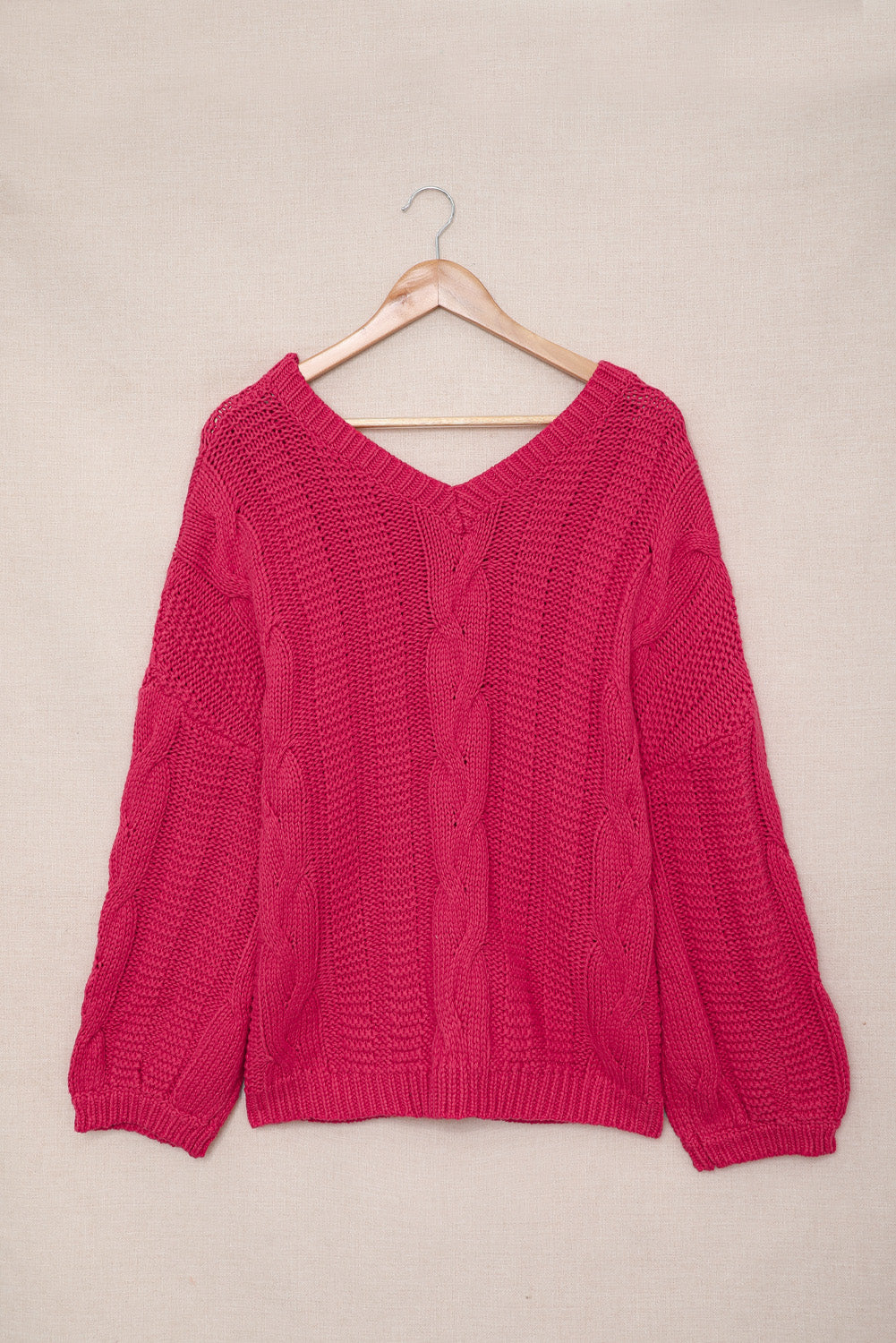 Bubblegum Pink V-Neck Braided Knit Sweater