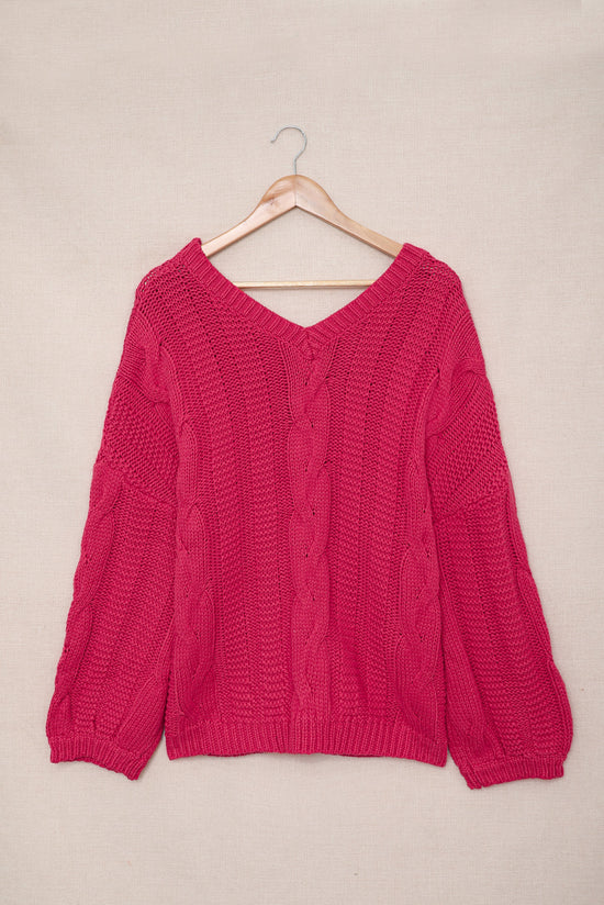 Pull en tricot tressé à col en V Rose Bubblegum