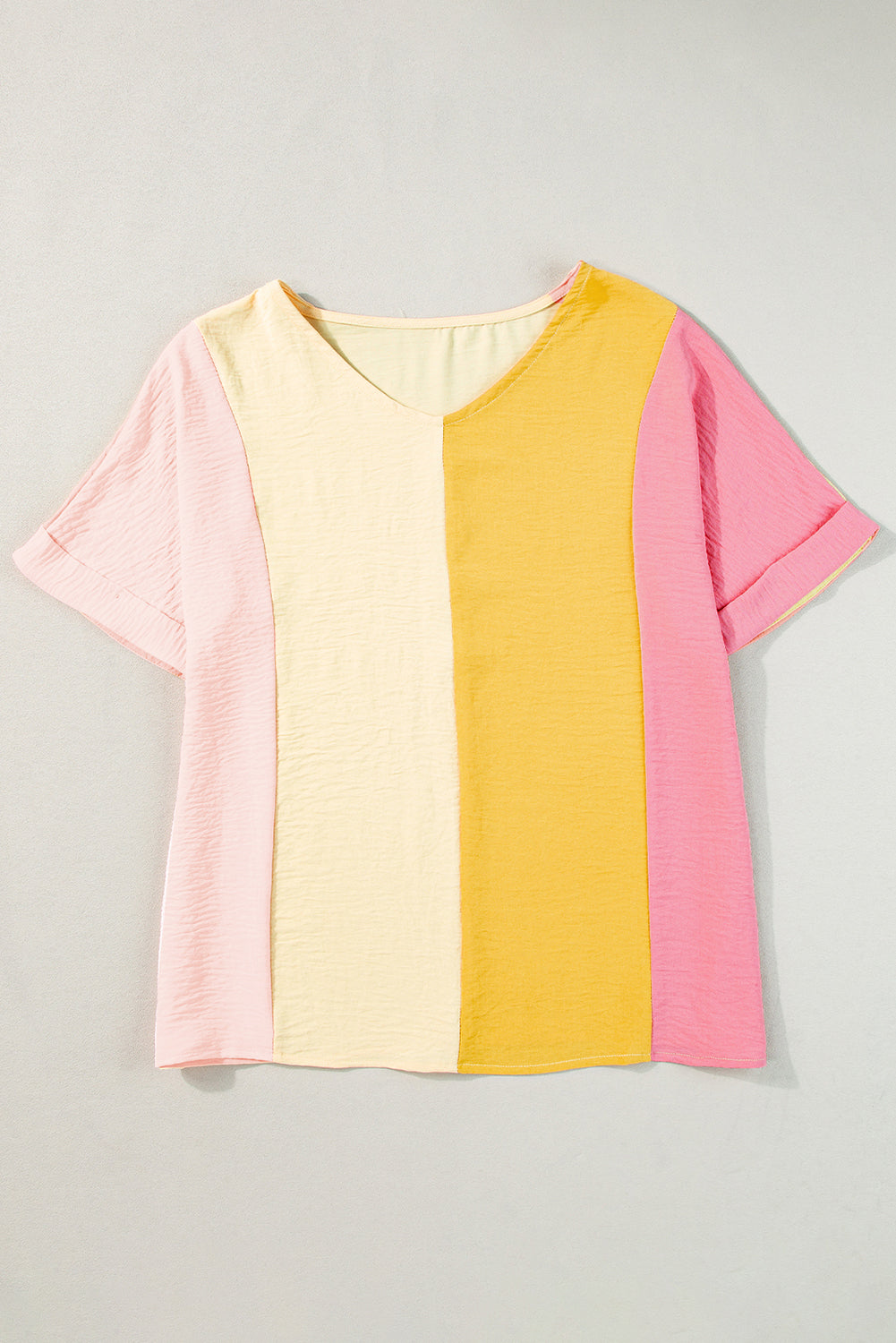 Apricot Crinkled Colorblock Patchwork V Neck T Shirt