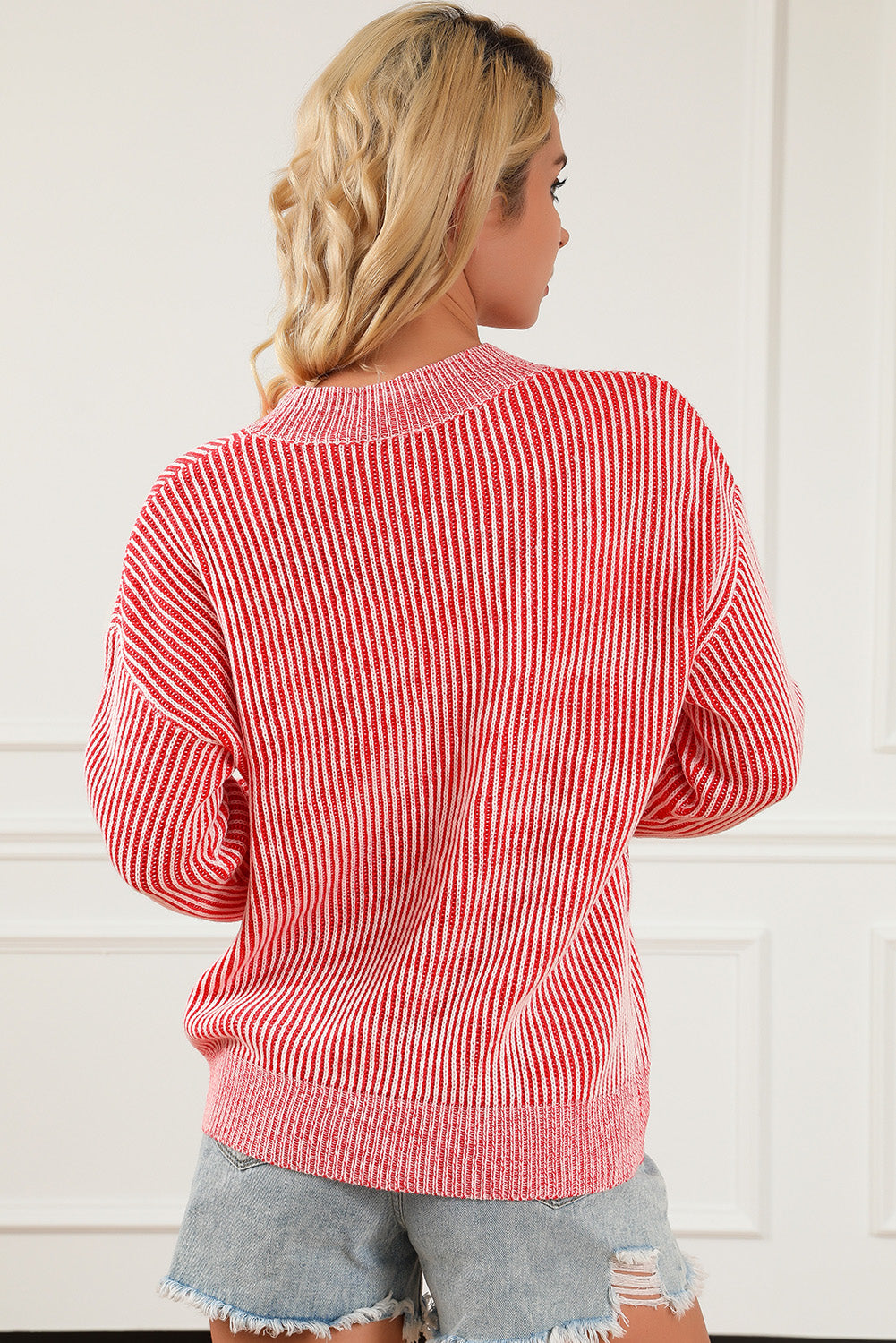 Striped Print Ribbed Crew Neck Sweater