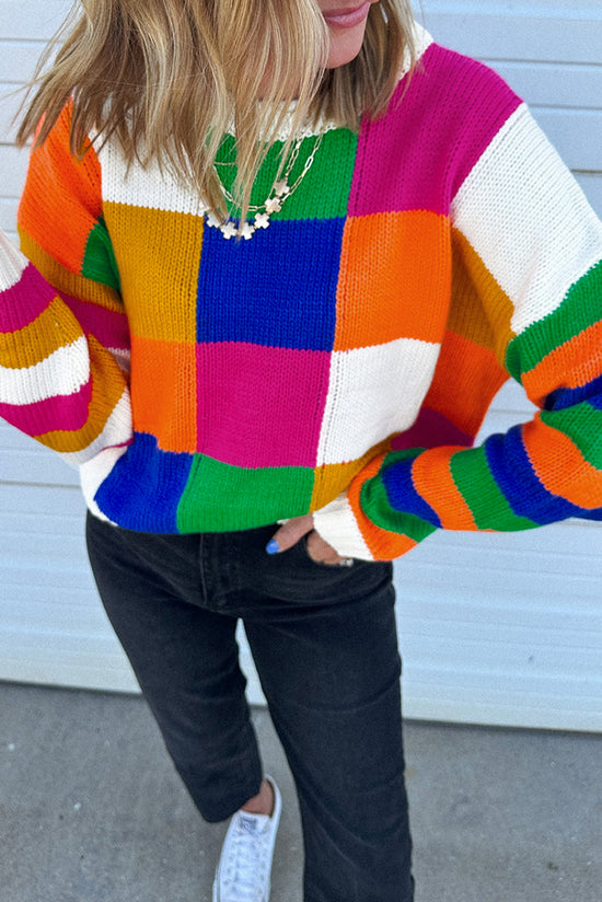 Ample orange tile sweater and color block, round neck