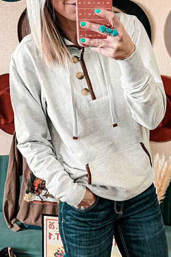 Beige Henley Hoodie with Kangaroo Pocket and Drawstring