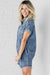 Mineral washed -out blue denim dress with reverse sleeves and effiloche hem