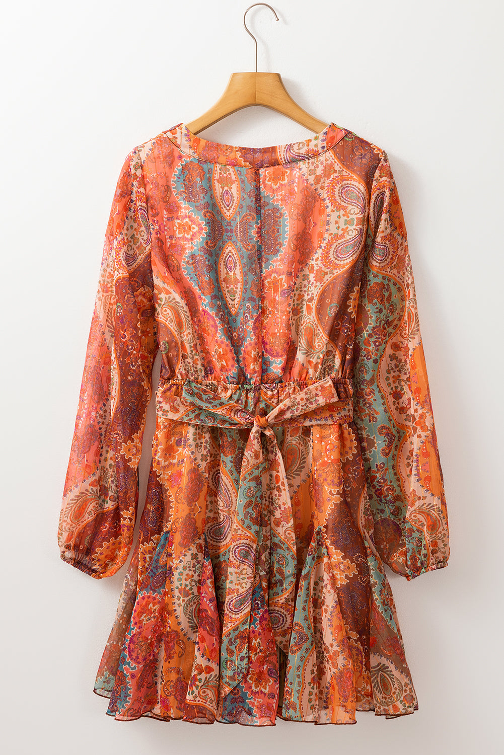 Orange boho paisley estampado estampado de manga larga mini vestido de cinturón plisado