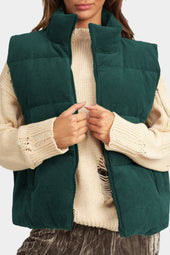 Jungle Green Corduroy Stand-Up Collar Zip-Up Down Jacket