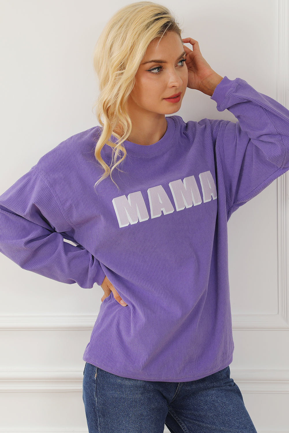 Purple Mama gerippte Crew Neck Pullover Sweatshirt